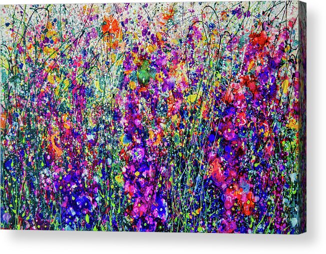 Olena Art Acrylic Print featuring the painting Hollyhock Pretty Fantasy Pollock Inspired Abstract by OLena Art