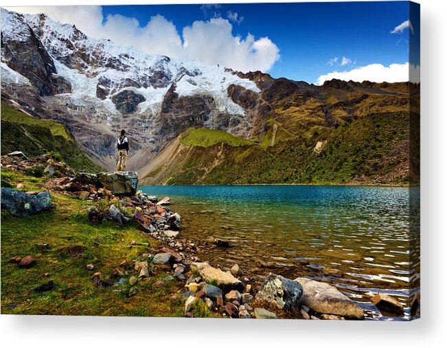 Tranquility Acrylic Print featuring the photograph Humantay Lake along Salkantay Trek to Machu Picchu, Peru, with female tourist looking at view by Anna Gorin