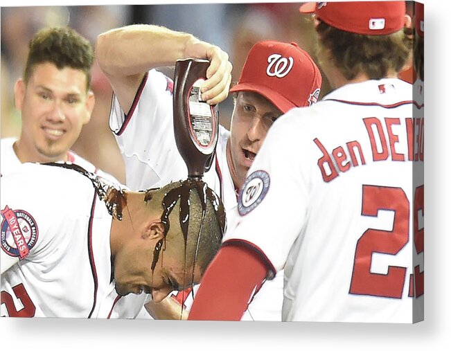People Acrylic Print featuring the photograph Ian Desmond, Max Scherzer, and Bryce Harper by Mitchell Layton