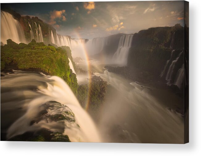 Scenics Acrylic Print featuring the photograph Iguazu falls waterfalls at sunset. by Alex Saberi