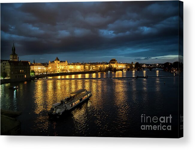 Architecture Acrylic Print featuring the photograph Illuminated Moldova River With Ship And Buildings In The Night In Prague In The Czech Republic by Andreas Berthold