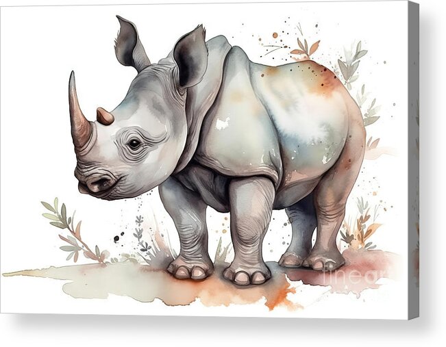Cute Acrylic Print featuring the painting Illustration of watercolor cute baby rhinoceros, by N Akkash