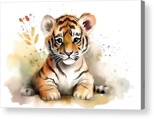Cute Acrylic Print featuring the painting Illustration of watercolor cute baby tiger, by N Akkash