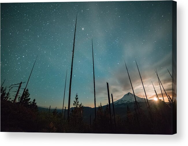 Tranquility Acrylic Print featuring the photograph Incredible moonset and stars on Mt. Hood from the Hood River Valley by Tyler Hulett