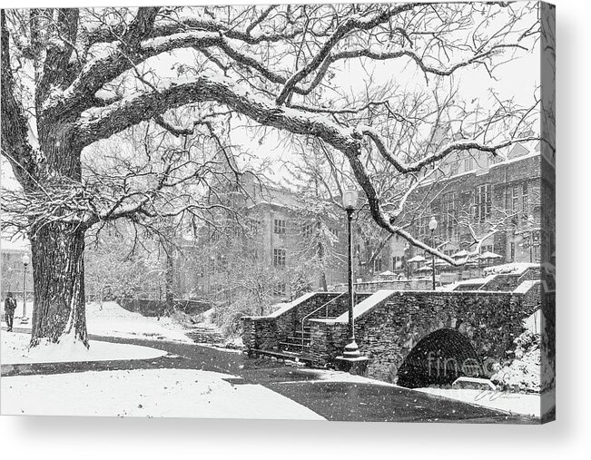 Indiana University Snow Acrylic Print featuring the photograph Indiana University Memorial Union Snow Storm Black and White by Aloha Art