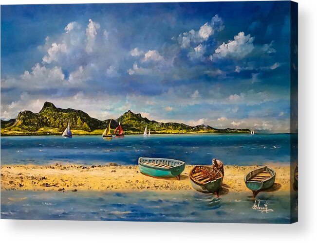  Acrylic Print featuring the painting Inspecting fishing nets, Mauritius by Raouf Oderuth