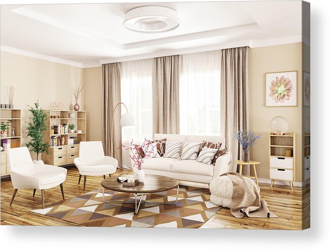 Rug Acrylic Print featuring the photograph Interior of modern living room 3d rendering by Scovad
