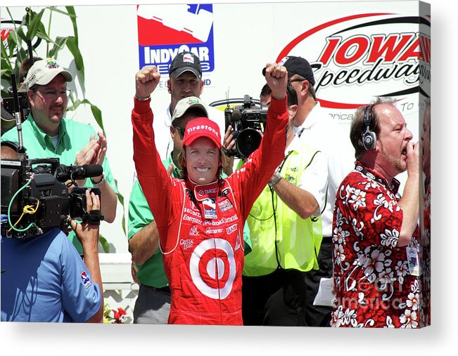 Indy;car;racing;motorsports;irl;newton Acrylic Print featuring the photograph Daniel Wheldon IRL Racing celebrates win by Pete Klinger