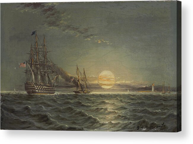 Design Acrylic Print featuring the painting James Edward Buttersworth American, 1817-1894 Towing the Man-oWar, most probably the U.S.S. Vermont by Arpina Shop