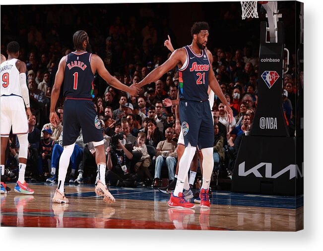 James Harden Acrylic Print featuring the photograph James Harden and Joel Embiid by Nathaniel S. Butler