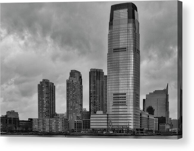 Nj Skyline Acrylic Print featuring the photograph Jersey City Skyline BW by Susan Candelario
