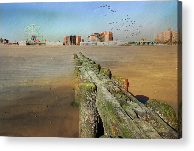 Coney Island Beach Acrylic Print featuring the photograph Jetty and Boardwalk by Cate Franklyn