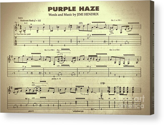 Paul Ward Acrylic Print featuring the photograph Jimi Hendrix Purple Haze Opening Notes sepia by Paul Ward