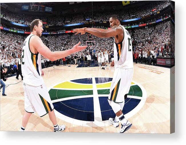 Joe Ingles Acrylic Print featuring the photograph Joe Ingles and Derrick Favors by Andrew D. Bernstein