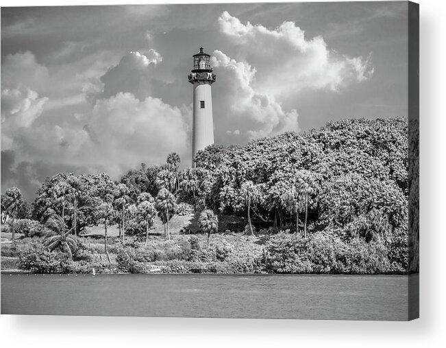 Black Acrylic Print featuring the photograph Jupiter Lighthouse on Christmas Eve Black and White by Debra and Dave Vanderlaan