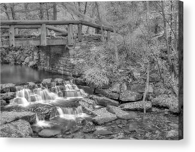 Waterfall Acrylic Print featuring the photograph Just Water Under The Bridge BW by Susan Candelario