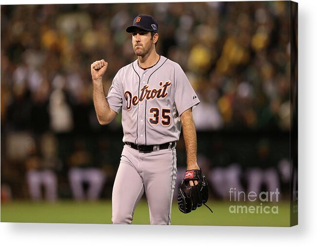 Playoffs Acrylic Print featuring the photograph Justin Verlander and Coco Crisp by Ezra Shaw