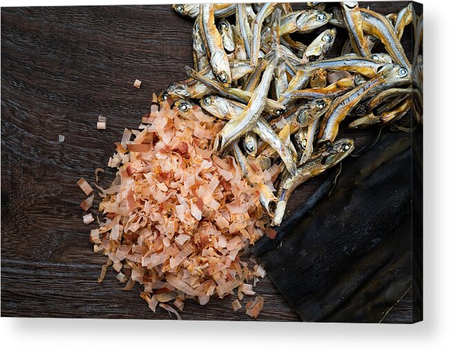Hokkaido Acrylic Print featuring the photograph Katsuobushi Shavings of dried bonito,(small crunchy) dried sardines,Dried kombu seaweed,Japanese Food by Hanasaki
