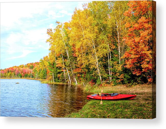 Michigan Acrylic Print featuring the photograph Kayak Waiting on Red Jack Lake by Cheryl Strahl