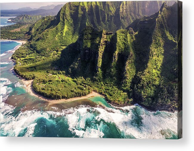 Kauai Acrylic Print featuring the photograph Ke'e Beach from a doors off helicopter tour by Pierre Leclerc Photography