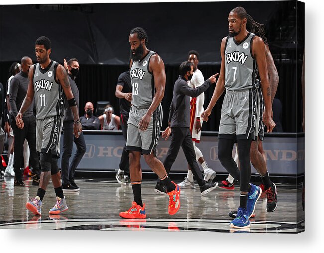 Kyrie Irving Acrylic Print featuring the photograph Kevin Durant, Kyrie Irving, and James Harden by Nathaniel S. Butler