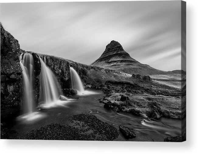 Kirkjufell Acrylic Print featuring the photograph Kirkjufell Mountain and Kirkjufellsfoss Waterfall in Iceland in Black and White by Alexios Ntounas