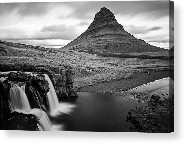Kirkjufell Acrylic Print featuring the photograph Kirkjufell Mountain Waterfalls in Snaefellsnes Peninsula Grundarfjorour Iceland Black and White by Toby McGuire