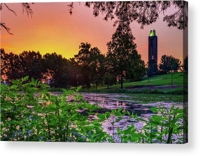 Lawrence Kansas Acrylic Print featuring the photograph A Campanile Sunrise Over Potter Lake - Lawrence Kansas by Gregory Ballos