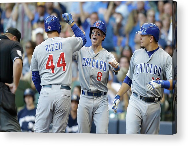 Three Quarter Length Acrylic Print featuring the photograph Kyle Schwarber, Anthony Rizzo, and Chris Coghlan by Mike Mcginnis