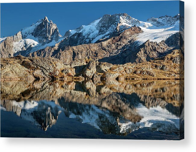 Lake Acrylic Print featuring the photograph La Meije peak mirrored in Lake Lerie by Olivier Parent