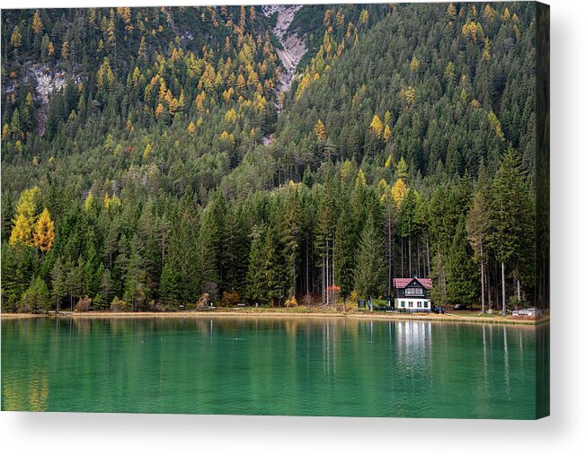 Italy Acrylic Print featuring the photograph House in the lake and forest. Lago di dobbiaco lake. Italian aps by Michalakis Ppalis
