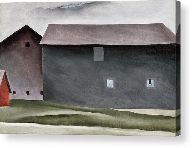 Georgia O'keeffe Acrylic Print featuring the painting Lake George Barns - modernist village view painting by Georgia O'Keeffe