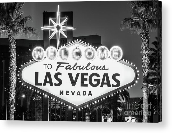 Las Vegas Welcome Sign at Night Black and White Photo Acrylic Print