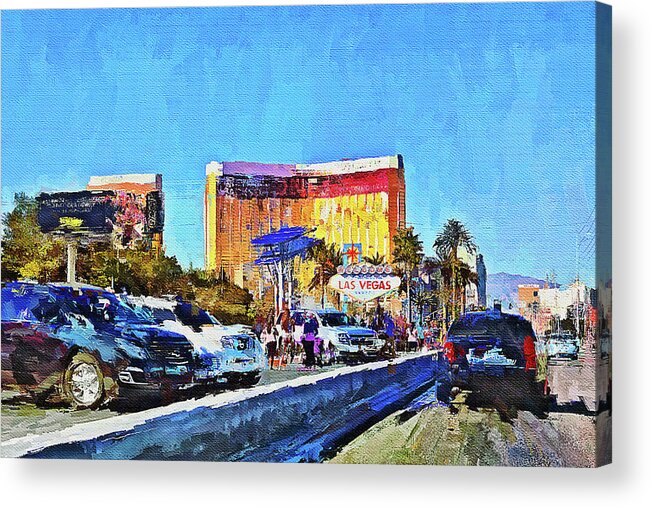 Las Vegas Welcome Sign Acrylic Print featuring the mixed media Las Vegas Welcome Sign on the Strip by Tatiana Travelways