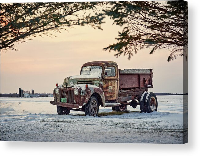 Truck Acrylic Print featuring the photograph Last Load Hauled - old Ford farm truck put out to snowy pasture by Peter Herman