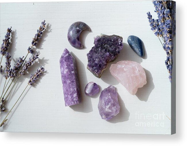 Healing Crystal Acrylic Print featuring the photograph Lavender and Crystals by Anastasy Yarmolovich