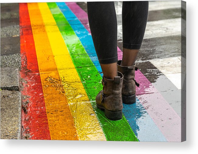 Event Acrylic Print featuring the photograph Legs walking on Gay rainbow crosswalk. by Beli_photos
