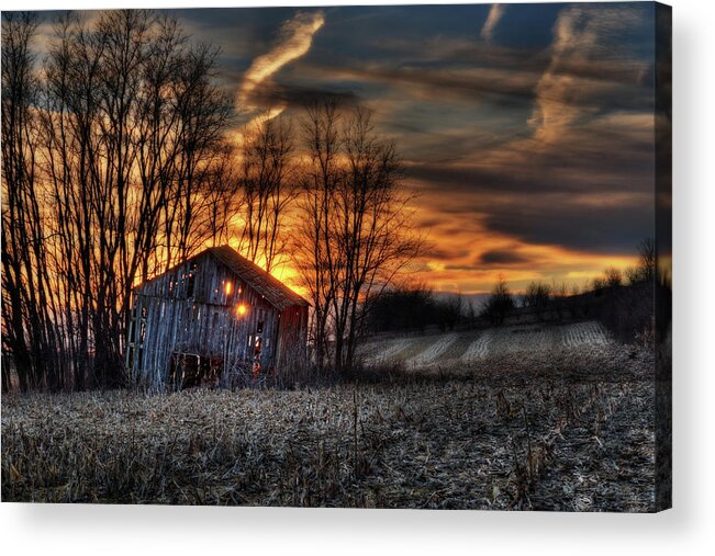 Barn Sunset Light Farm Rural Field Corn Stubble Evening Dusk Landscape Scenic Wi Wisconsin Stoughton Dane Madison Horizontal Orange Haunted Spooky Shed Tobacco Acrylic Print featuring the photograph Let the Light Shine Through - sunset through collapsing Wisconsin barn by Peter Herman