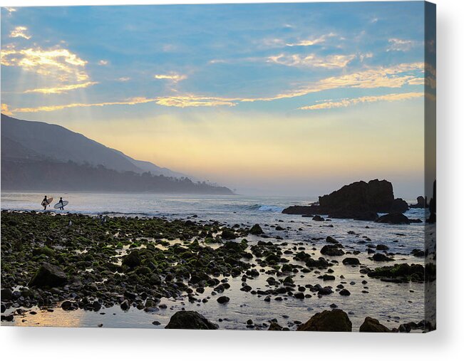 Beach Sunrise Acrylic Print featuring the photograph Let's Go Surfing by Matthew DeGrushe