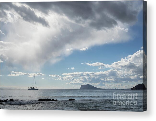 Mediterranean Sea Acrylic Print featuring the photograph Soft clouds float over the Mediterranean Sea, seascape with sailing boat by Adriana Mueller