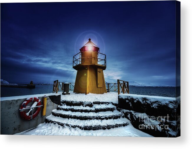 Reykjavik Acrylic Print featuring the photograph Lighthouse at the entrance to the Old Port, Reykjavik, at daybreak by Jane Rix