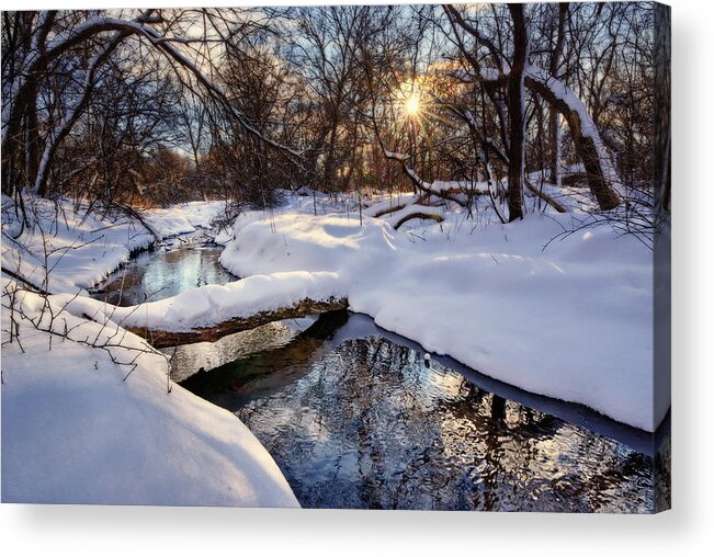 Snowscape Acrylic Print featuring the photograph Like a Bridge over Troubled Waters - fresh WI snowscape with trout creek and log bridge by Peter Herman