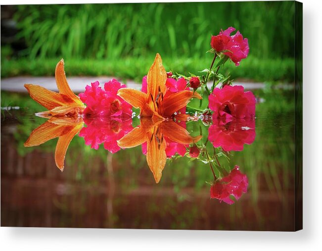 Orange Acrylic Print featuring the photograph Lilies and Roses Reflection by Jason Fink