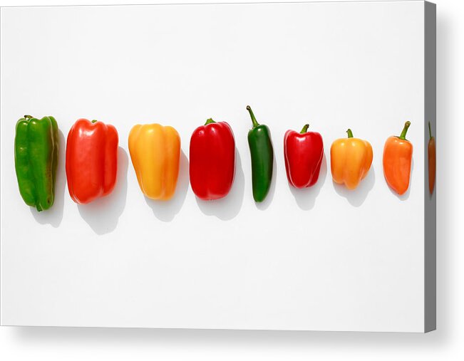 White Background Acrylic Print featuring the photograph Line of Bell Peppers on White by Jena Ardell