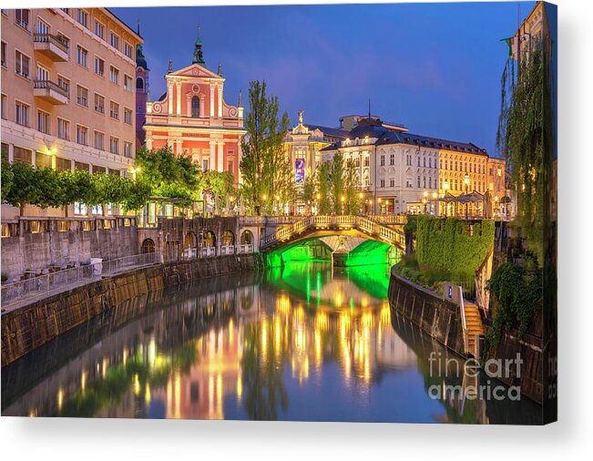 Ljubljana Slovenia Acrylic Print featuring the photograph Ljubljanica river and the triple bridge at night, Slovenia by Neale And Judith Clark