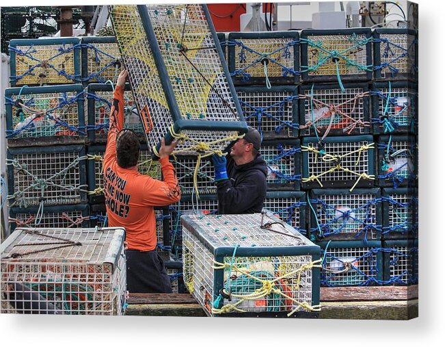 Lobster Pots Traps Loading Lobster Season Boats Sea Ocean Nova Scotia East Ferry Sadies Sunrise Rope Fishing Fishermen Acrylic Print featuring the photograph Loading time by David Matthews