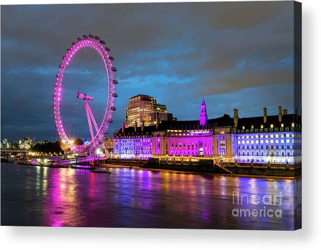 London Acrylic Print featuring the photograph London Eye in pink at night by Delphimages London Photography