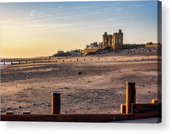 Withernsea Beach Acrylic Print featuring the photograph Lone dog walker on Withernsea Beach by Tim Hill