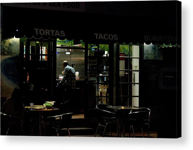 Venice Acrylic Print featuring the photograph Lone Man in a Taco Stand Late at Nigh by Mark Stout