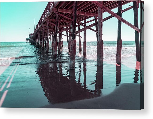 Silky Shadow Acrylic Print featuring the photograph Long Shadows in Mint Green and Pink - Californian Cool Under the Newport Beach Pier by Georgia Mizuleva